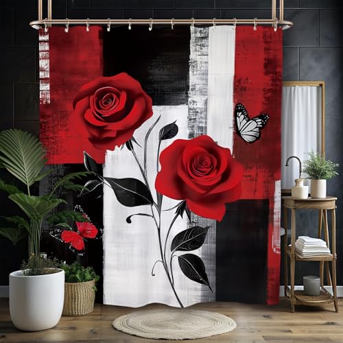 Miyotaa Abstract Black Red Rose Shower Curtain Set 60Wx71H Inches Modern Brushstroke Minimalist Painting Art Waterproof Bathroom Curtain with 12 Hooks - color: Black Red Rose, size: 60"W x 71"L (Pack of 1)