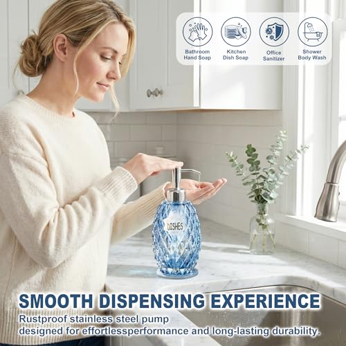 MALACHI Glass Soap Dispenser, 304 Rustproof Stainless Steel Pump, Refillable Multi‑use for Hand Soap, Dish Soap, Body Wash, Shampoo, Baby Wash for Bathroom Kitchen & Commercial - color: Blue