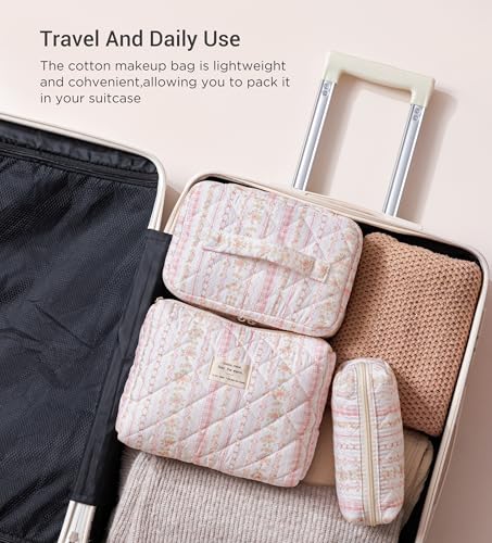 HBselect Quilted Makeup Bag, 3PCS Cotton Large Travel Makeup Bag, Cute Floral Coquette Make up Bag Cosmetic Bag Toiletry Bag for Women Girls - color: A-3PCS-Floral 25