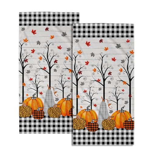 Fall Pumpkins Absorbent Set of 2 Hand Towels - 14x28 Inch Autumn Maple Leaves Thanksgiving Fingertip Towels for Home SPA Gym - color: Autumn Maple Leaves and Pumpkins