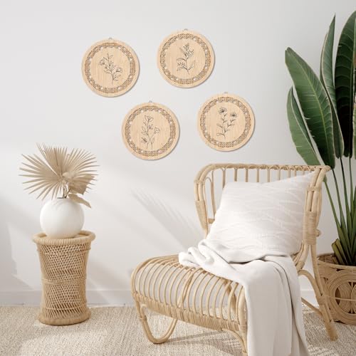 HPNIUB Minimalist Floral Wall Decor, Farmhouse Line Botanical Hanging Wooden Sign Wall Art, 4 Pieces 9.8''x9.8'' Aesthetic Flowers Leaf Wood Plaque, Modern Neutral Pictures for Living Room Office - color: Line style floral
