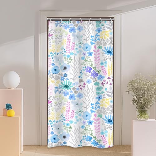 Riyidecor Small Stall RV Blue Floral Shower Curtain for Bathroom Decor 36Wx72H Boho Wildflower Watercolor Plant Leaves Botanical for Girls Art Printed Fabric Polyester Waterproof 7 Pack Plastic Hooks - color: D-blue, size: 36"W x 72"L (Pack of 1)