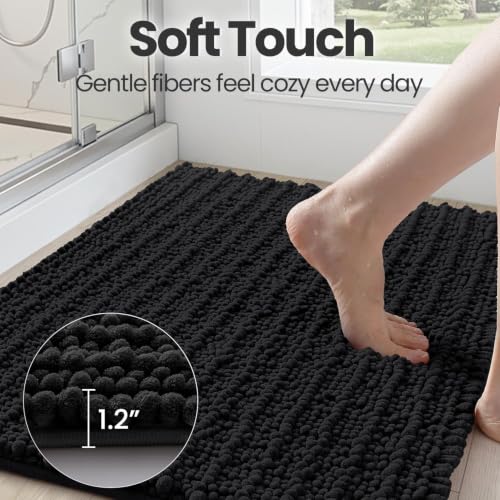 DEXI Bathroom Rugs 24x16, Super Soft Thick Chenille Absorbent Bath Mat, Non Slip Machine Washable Fluffy Shag Bathmat for Tub, Shower Floor, Black - color: Black, size: 24" X 16" (Rectangular)
