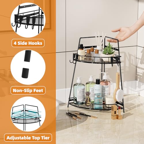 VITVITI 2 Tier Corner Bathroom Counter Organizer, Metal Bathroom Countertop Organizer Shelf Storage, Bath Room Sink Makeup Organizers for Vanity Perfume Skincare with Hooks, Black - color: Black
