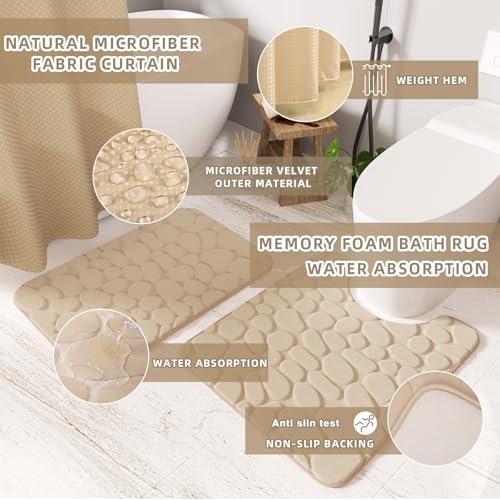 XLHOMO 26PC Bathroom Accessories Set - Gorgeous Beige Bathroom Set, Bathroom Accessory Set, Shower Curtain Set with Bathtub Mats for Shower Tub, Trash Can & Soap Dispenser - size: Bath Set+Bathtub Mat+Shower Curtain&Rugs, style: Beige&Gold