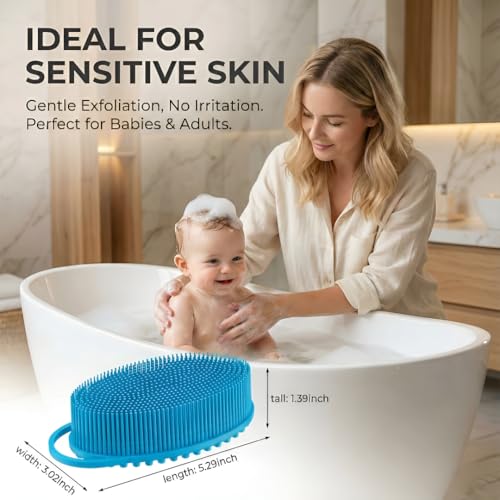Silicone Body Scrubber, Exfoliating Loofah Alternative for Women Men, Soft Silicone Body Shower, 2 in 1 Bath and Shampoo Brush for Sensitive Skin, Back,Showering,Brush Exfoliator (Blue) - size: Blue