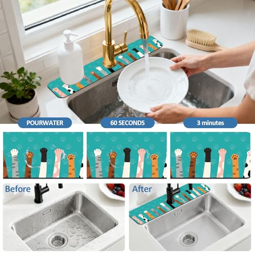 2 Pcs Kitchen Sink Splash Guard Faucet Mat Cat Paws Pattern Faucet Mat for Sinks Absorbing Drying Mats for Kitchen Bathroom - color: Cat Paws Pattern