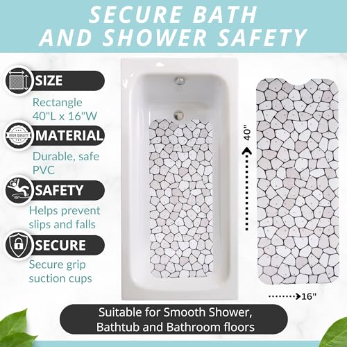 ENKOSI Bath Mat – Large 40 x 16 Inch Non-Slip Bathtub Mat with Secure Suction Cups & Drain Holes – Extra Long Bathroom Shower Mat for Tub with Grey Pebble Design (Grey Pebble 40x16) - color: Pebble