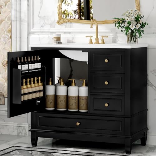 Linique 36" Modern Bathroom Vanity with Sink Combo Set, Solid Wood Frame Bathroom Storage Cabinet with 3 Drawers, Soft Closing Cabinet Door with Organizer, Black - color: Black, size: 36"/ Door with Organizer