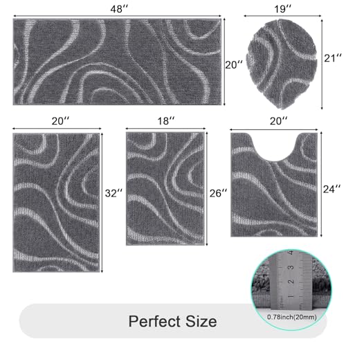 HEBE Bathroom Rugs Sets 5 Piece, Soft Absorbent Microfiber Bath Mat for Bathroom, Non Slip Washable Bath Rug Set with Toilet Cover, Bath Runner and U-Shaped Contour Toilet Rug, Stone Grey - color: Stone Grey, size: 18"x26"+20"x32"+20"x48"+U20"x24"+Cover19