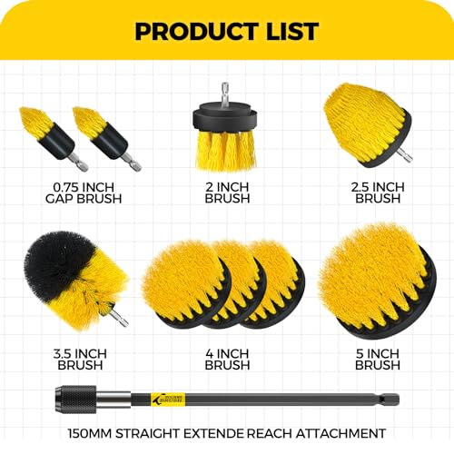 Holikme 10Pieces Drill Brush Attachments Set, Power Scrubber Brush with Extend Long Attachment，Scrub Brush，Shower Scrubber，Cleaning Supplies,Yellow