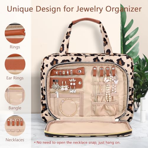 Wedama Toiletry Bag for Women, Hanging Travel Toiletry Bag with Jewelry Organizer Compartment Large Makeup Bag, PVC Waterproof Cosmetic Travel Bag Trips Camping Bathroom, Leopard Print - color: Leopard Print, size: Large, style: With Jewelry Organizer Com