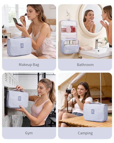 Narwey Small Hanging Toiletry Bag for Travel Women Girl, Striped Toiletries Travel Bag with Hook, Hanging Makeup Bag Organizer Make Up Cosmetic Bags, Gifts for Kids Teen (Greyish Blue Stripe) - color: Y-Greyish Blue Stripe