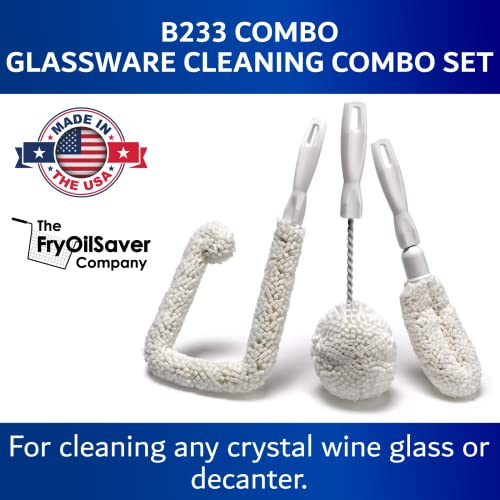 Set of 3 Glassware Cleaning Brush Kit - Non-Scratch, Foam Wine Glass Cleaning Brush Set for Glassware, Decanter, Mug, Stemware - for Home, Restaurant, Bar, Hotel - by FryOilSaver Co. - size: Set of 3