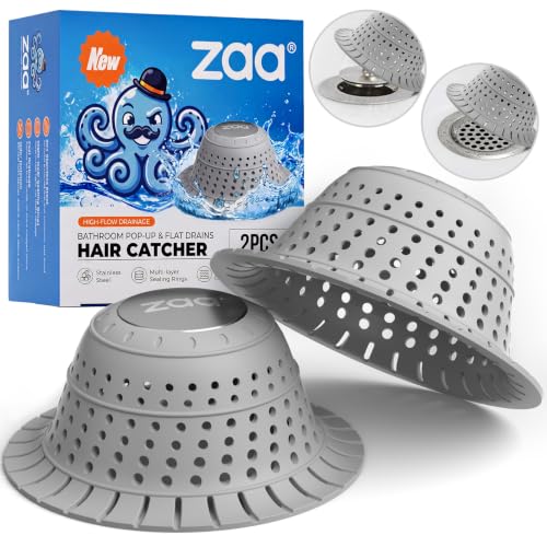 zaa Shower Drain Hair Catcher, 2 Pack Silicone Collapsible Bathtub Drain Cover Dog Hair Catcher & Protector for Pop-Up & Regular Drains of Shower, Bathtub, Tub, Bathroom, Diameter 4.5" - color: Gray