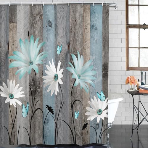 ArtSocket Teal Daisy Flowers Butterfly Bathroom Set with Shower Curtain and Bath Rugs and Accessories,Wooden Boards Non-Slip Shower Curtain Set,Bathroom Decor 3 Pcs - color: Teal Daisy Flowers