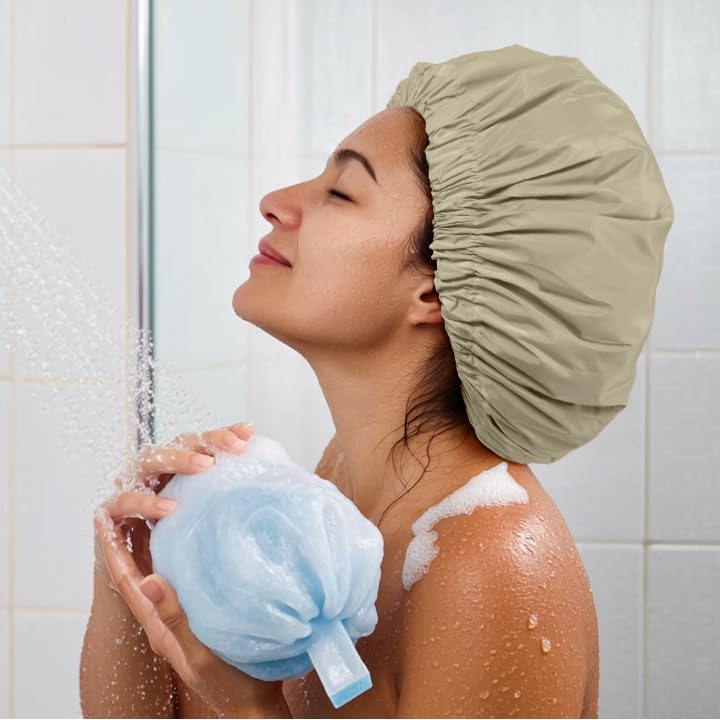 Edoneery Reusable Shower Caps for Women, Waterproof Long Hair Bonnet | Washable Design, Wide Elastic Band, Large Fit, Holds Long Hair, Braids Friendly, Bath Accessories, Spa, Travel - color: Gray Yellow