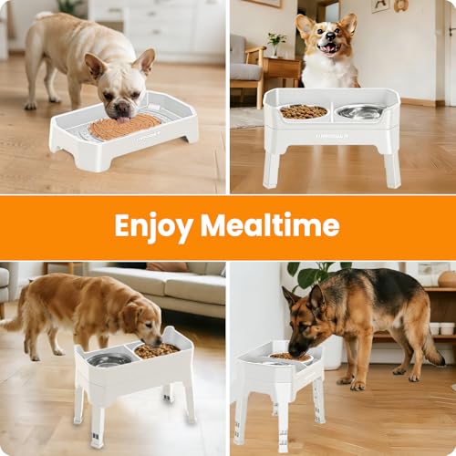 URPOWER 3-in-1 Elevated Dog Bowls - Mess Proof Double Deck 4 Height Adjustable Raised Stand with 2 Stainless Steel Food Bowls & Licking Plate for Small, Medium & Large Dogs - color: Light Grey, size: Large