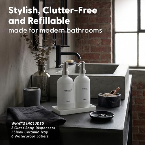 MaisoNovo Soap and Lotion Dispenser Set - Bathroom Soap Dispenser Set with White Soap Dispenser, Silver Pumps & Ceramic Tray - color: White Bottles/ Silver Pumps/ White Ceramic Tray