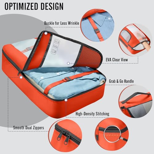Veken 10 Set Packing Cubes for Travel Essentials,Anti-Wrinkle Buckled Suitcase Organizer for Shoe & Toiletry Bag,Carry On Luggage Bag with 99+ Count Mesh Holes for Airplane & College Dorm Accessories - color: 12 Orange