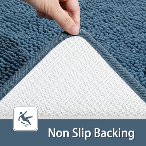 LOCHAS Bathroom Rugs Sets 2 Piece, Soft Non Slip Bath Mat Set, 20''x20'' U-Shaped Toilet Rug and 34''x21'' Denim Blue Bath Rugs, Washable Absorbent Chenille Toilet Rug Set for Bathroom, Shower, Sink - color: Denim Blue