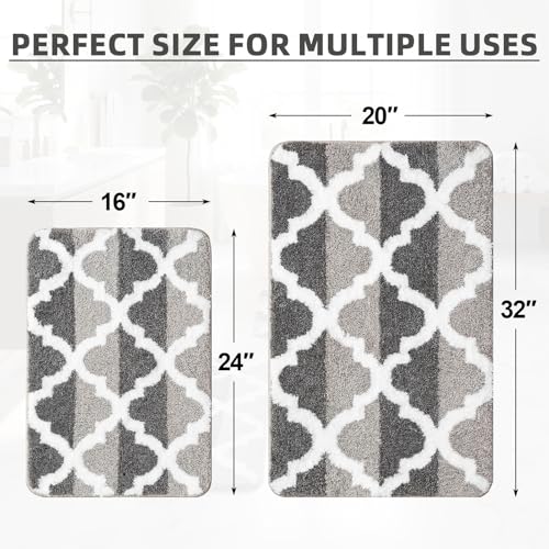 Arttown Dark and Light Grey Trellis Bathroom Rug Set 2 Piece Fluffy Microfiber Non-Slip Water Absorbent Bath Mat Soft Washable for Tub Showers Laundry Room Decor (16"x24"+20"x32") - color: Gradient Gray 1