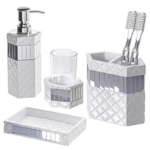 Creative Scents Quilted Mirror White 4 Piece Resin Bathroom Accessories Set | Includes Soap Dispenser, Toothbrush Holder, Tumbler Cup & Soap Dish - style: 4 Piece Set