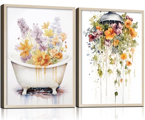 2Pcs Framed Bathtub and Shower Flower Canvas Wall Art Modern Gallery Prints Bathroom Wall Decor Pictures Floral Poster Artwork Living Room Bathroom Apartment 16X24 Inch Ready to Hang - color: Colorful Bathtub and Shower Flower, size: 16L" x 24W"