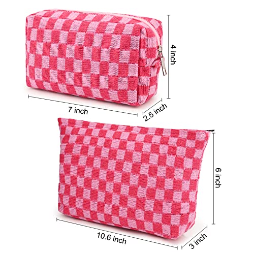 SOIDRAM 2 Pieces Makeup Bag Large Checkered Cosmetic Bag Capacity Canvas Mix Travel Toiletry Bag Organizer Cute Makeup Brushes Aesthetic Accessories Storage Bag for Women, Checkered Mix Rose Red - color: Rose red