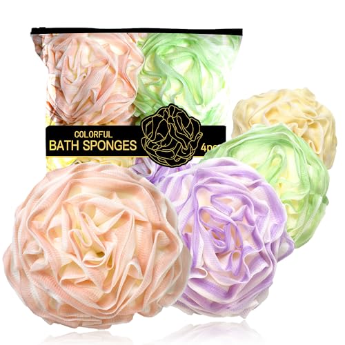Loofah Sponge 70g, Large Exfoliating Flower Bath Sponge, Soft Durable PE Mesh with Reinforced Knotting, Rich Lather Bath Scrubber for Body, for Travel or as a Holiday Gift (4Pack, Green-Beige) - color: Green-beige, size: 1 Count (Pack of 4)