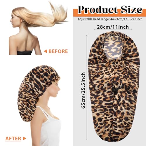 2 Pcs Large Shower Cap for Braids, Extra Long Shower Cap for Women Long Hair & Locs, Waterproof Hair Bonnets for Dreadlocks Drawstring Bath Caps for Women & Men (Black, Leopard) - color: Black, Leopard