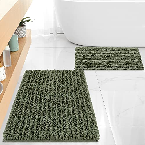 FLOLEOPA Luxury Chenille Loden Bathroom Rugs Bath Mats Sets, Extra Soft and Absorbent Bathroom Rugs Non Skid Machine Wash Dry Bath Mats（32"x20" Plus 17"x24"） - color: Loden, size: 32"x20" Plus 17"x24"