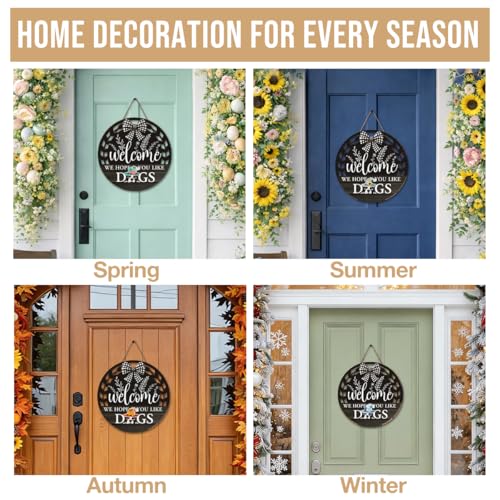 Interchangeable Seasonal Welcome Hanging Sign - Farmhouse Front Door Decoration for Holidays - Rustic Round Wood Wreaths with 12 Icons – Welcome Dog Lover(Black) - color: dogsblack