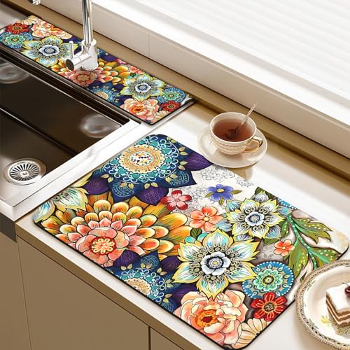 24.5" x 15.5" Dish Drying Mat & 24" x 5.5" Sink Splash Guard, Super Absorbent Drainer Rack Mat for Kitchen Counter Coffee Bar - color: Purple, size: 23.5"*15.5*+24"*5.5"
