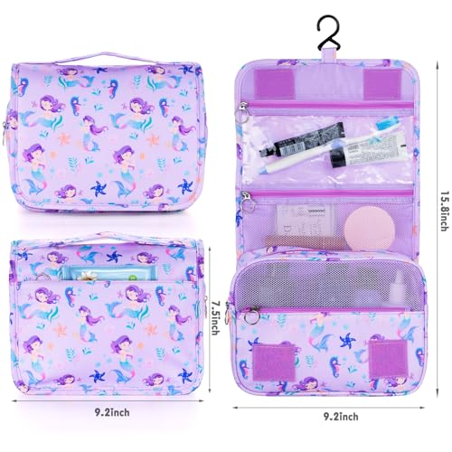 Kids Hanging Toiletry Bag for Girls, Travel Toiletry Bag for Little Young Girls Cosmetic Makeup Waterproof Wash Bag Toddler Traveling Toiletries, Mermaid Purple - color: Mermaid-Purple