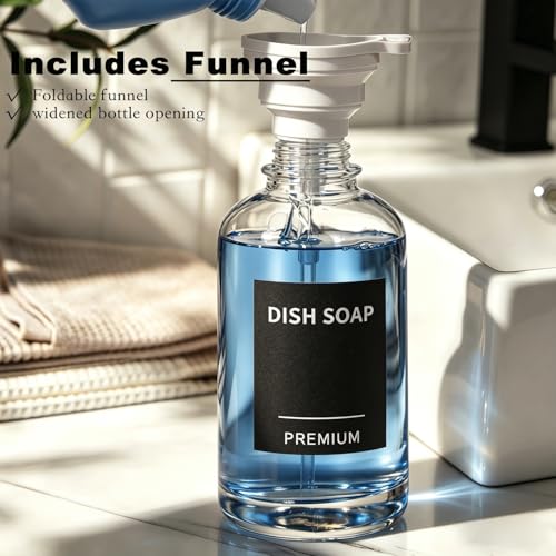 Dish Soap Dispenser for Kitchen, Hand Glass Soap Dispenser Set with Pump, Tray, Funnel for Bathroom, Shower, Laundry, Liquid, Lotion (Black 2 Pack 18 Oz Clear Bottles with 12 Stickers) - color: Black, size: 18Oz