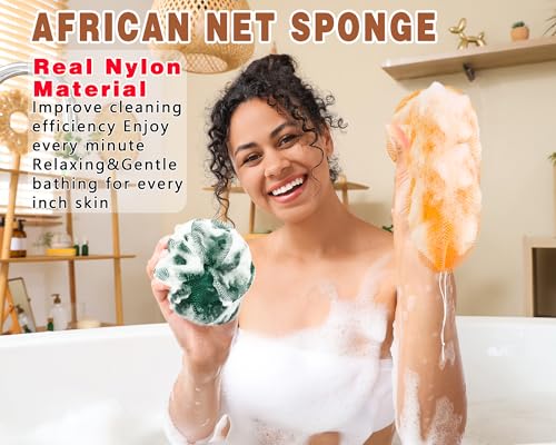 2 Pack African Net Sponge Exfoliating Body Scrubber Bath Sponge for Daily Use (Yellow + Dark Green) - color: Yellow + Dark Green