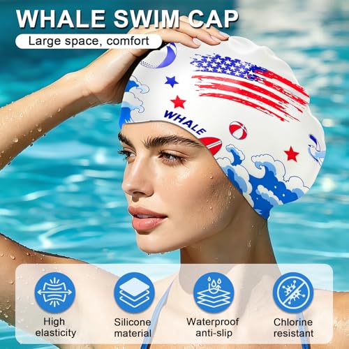 WHALE Extra Large Swim Cap Designed for Men and Women with Thick, Long Hair, Hair Extensions Or Afro-Textured Hair Long-Hair Swim Cap Highly Waterproof to Keep Hair Dry - color: USA Flag Print