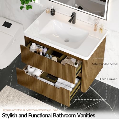ONBRILL Modern Bathroom Vanity with Sink Combo, Curved Floating Bath Vanity with 2 Drawer, Wall Mount Bathroom Vanities with Integrated Ceramic Sink for Small Space, Apartment (Walnut, 32“) - color: Walnut, size: 32“