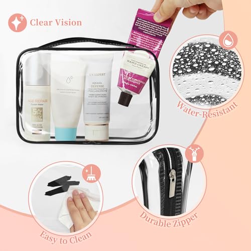 TISRATOK 12 PCS Clear Makeup Bag for Women with Zipper, TSA Approved Toiletry Pouch, Cosmetic Bag Bulk for Travel Organizer Essentials - Black,Medium - color: Black, size: medium