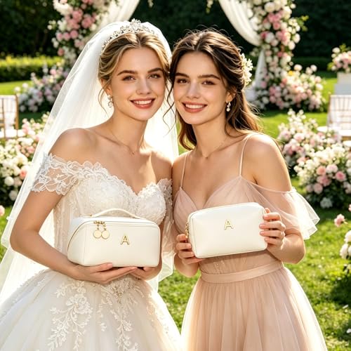 Birthday Gifts for Women Teen Girl, Personalized Initial Makeup Organizer Bag Set, Open Flat Travel Cosmetic Bag With Clear Divider and Handle(Beige,A) - color: Beige, style: A