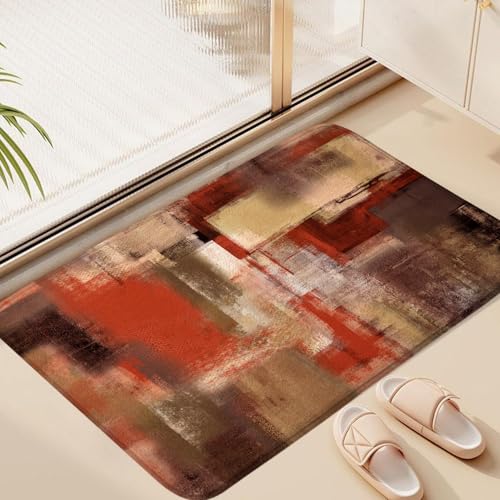 Red Orange Abstract Bath Rug, Modern Art Brown Rust Painting Bath Mat Sets for Bathroom, Soft Non Slip Floor Rugs 17X29 Inch - color: Red Orange