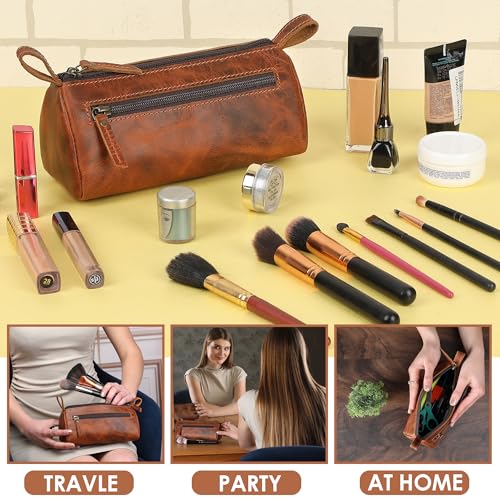 Leather Makeup Bag for Women – Genuine Leather Cosmetic Bag Travel, Handmade Zippered Makeup Pouch, Small Toiletry Bag, Shaving Kit & Stationery Organizer- Tan - color: Tan