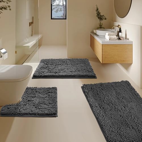 BOANKODU Bathroom Rugs Sets 3 Piece, Super Soft Absorbent Bath mat Set,with U-Shaped Toilet Rug,Strong PVC Underside Bathroom Rug,Antiskid Bath mats Washable Toilet mat, Dark Gray