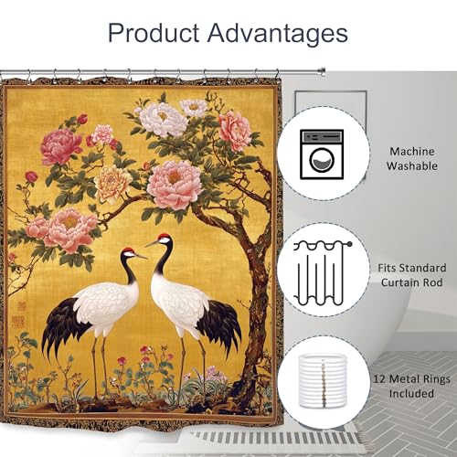 Vintage Peony Flower Crane Shower Curtain 60Wx72L Inch Chinese Asian Retro Botanical Plant Blossom Bathroom Set Accessories Decor with 12 Pack Hooks - color: Vintage Peony, size: 60"W x 72"L (Pack of 1)