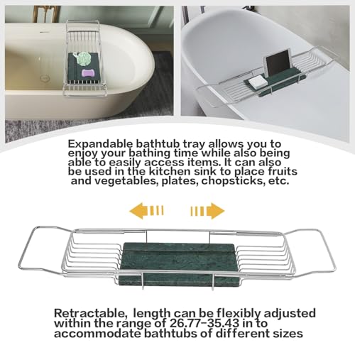 Expandable Bathtub Tray Caddy Shelf with Marble Table Mobile/Tablet Stand, Luxury Bath Tub Tray Rack, Bathroom Home Spa Shower Accessories Perfect Relaxing Spa Gifts for Women, Towel - color: Silver Rack+green Marble Board
