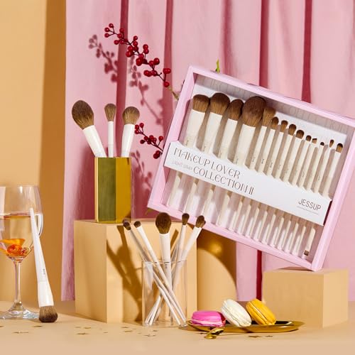 Jessup Makeup Brushes 14Pcs Makeup Brush Set Premium Synthetic Powder Foundation Contour Blush Concealer Eye Shadow Blending Liner Make Up Brush Kit Light Grey with Gift Box, T329-G - color: H-Light Grey Gift, size: Full Brush Set