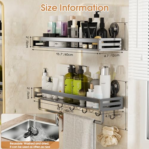 Suction Cup Shower Caddy, 15.7inch Extended Version, with 5 Hooks & Towel Rrack, No Drilling Required, Rust-Resistant Bathroom Shower Organizer (Dark Gray, 2-Pack) - size: 15.7 inches(2pack Dark Grey)