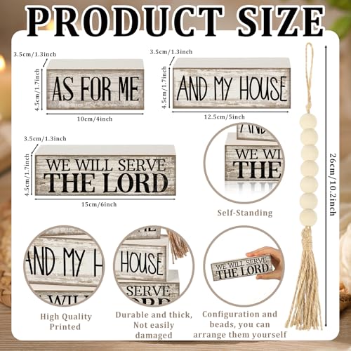 Yuntau 4 Pcs Farmhouse Christian Decor Farmhouse Bible Verse Tiered Tray Decor Rustic Retro Wood Bead Garland As for Me and My House We Will Serve The Lord Block Jesus Sign for Home Shelf Mantel - style: Bible Verse