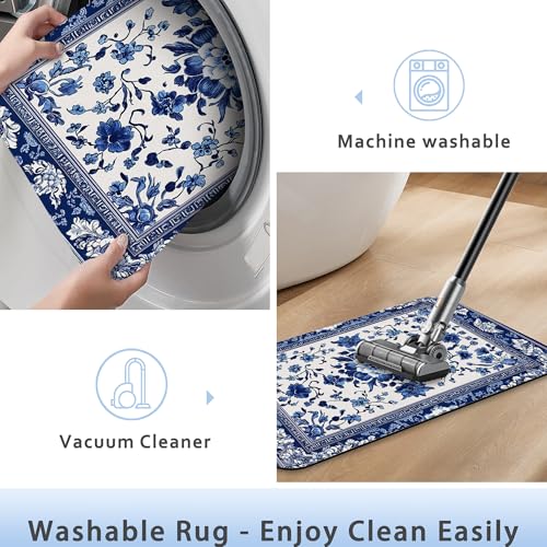Bath Mat 29.5"x17", Blue Vintage Mandala Floral Slim Low-Profile Fast Drying Super Absorbent Bathroom Rug with Non-Slip Backing, Easy-Clean Modern Floor Mat for Tub, Shower, or Entryway - color: Blue Vintage Mandala Floral